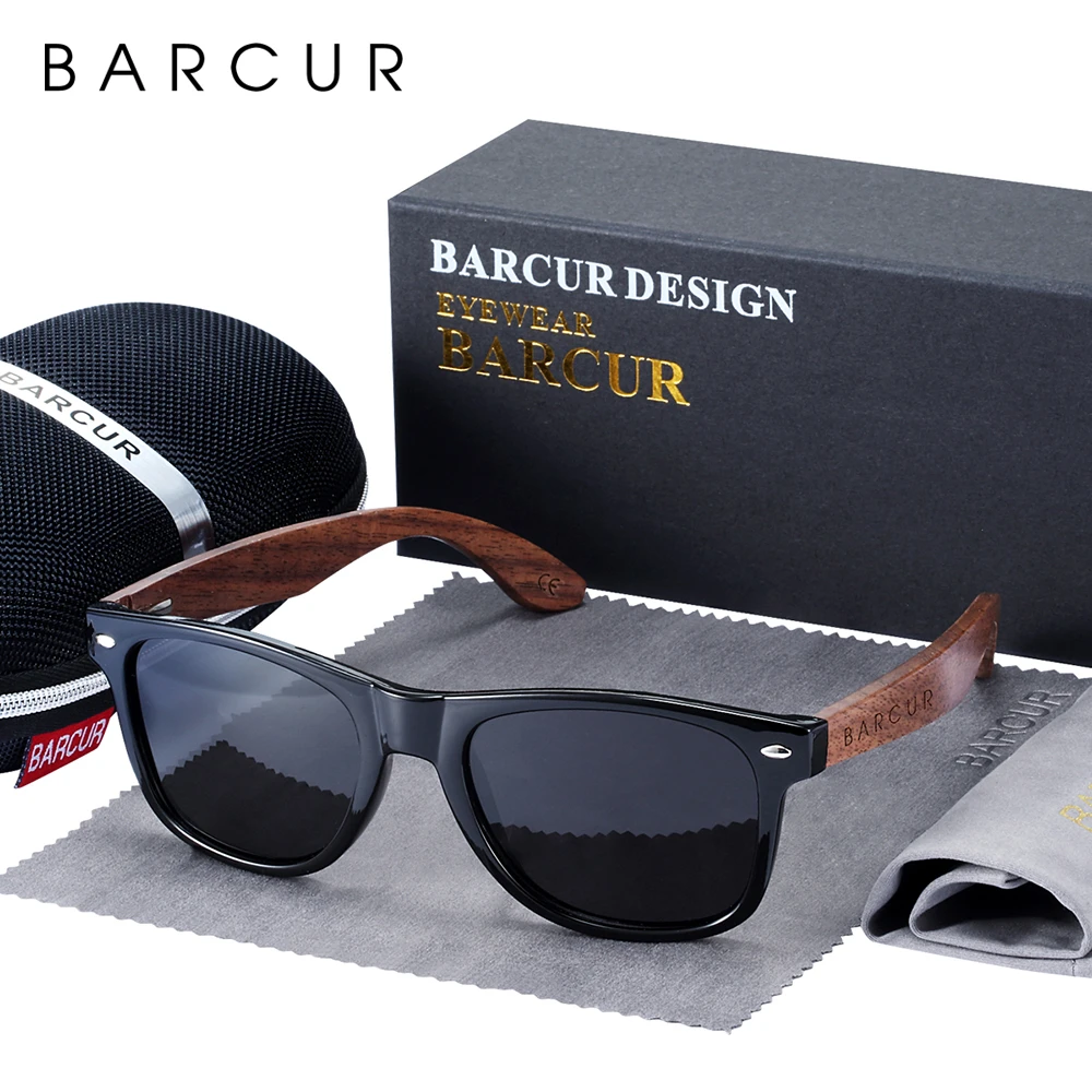 BARCUR High Quality Black Walnut Sunglasses Anti-Reflecti Men Women Mirror Sun Glasses Male UV400 Wooden Sunglass Shades Oculos