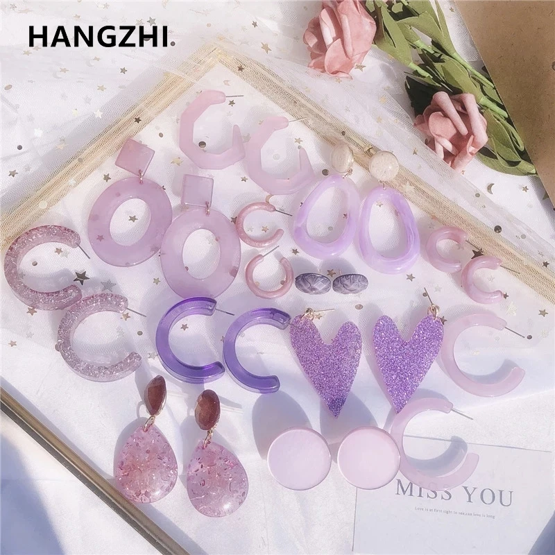 HangZhi 2020 New Geometric Acrylic Acetic Acid Irregular Oval Love Purple Earring Hoops for Women Girl Summer Party Jewelry Gift