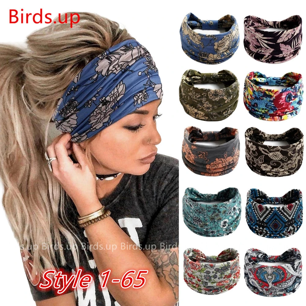 New Boho Flower Print Wide Headbands Vintage Knot Elastic Turban Headwrap for Women Girls Cotton Soft Bandana Hair Accessories