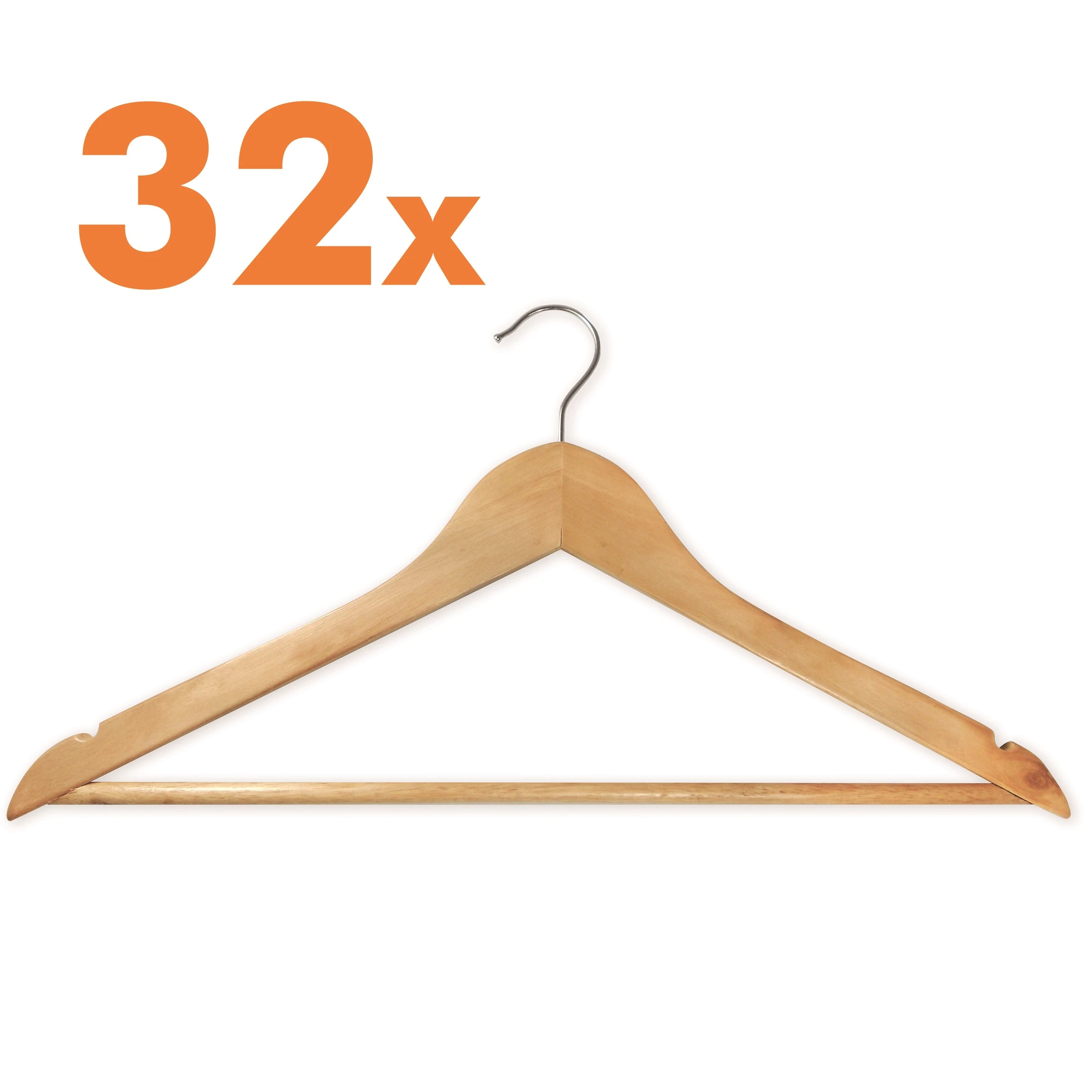32 WOODEN HANGERS SET FOR CLOTHES. SOLID PEG FOR SHIRT. NON-SLIP HOOK FOR TROUSERS/JEANS