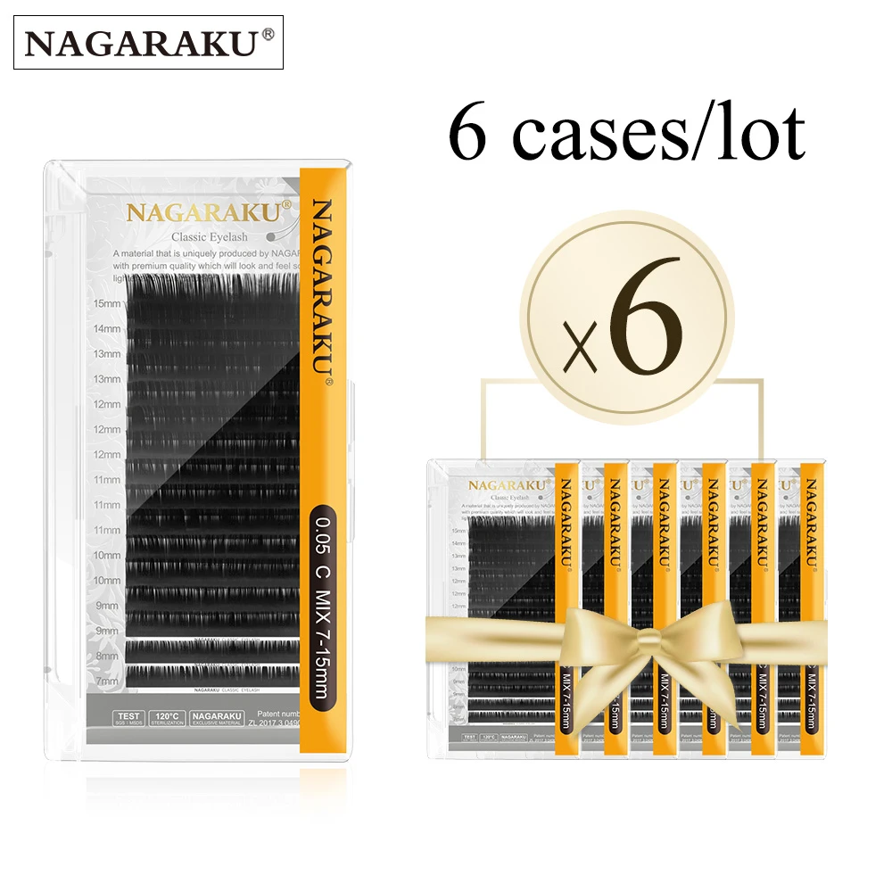 NAGARAKU 6 Cases Lot Mix Eyelash Extension Synthetic Mink Individual Eyelash Mix 7-15mm 16 Lines High Quality Soft Faux Cils