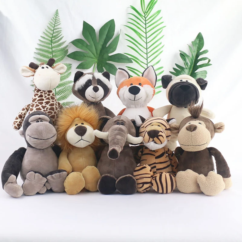 25cm Soft Animal World Plush Toys Lion Elephant Fox Raccoon Giraffe Forest Animals Appease Playmate Calm Doll Christmas Gifts