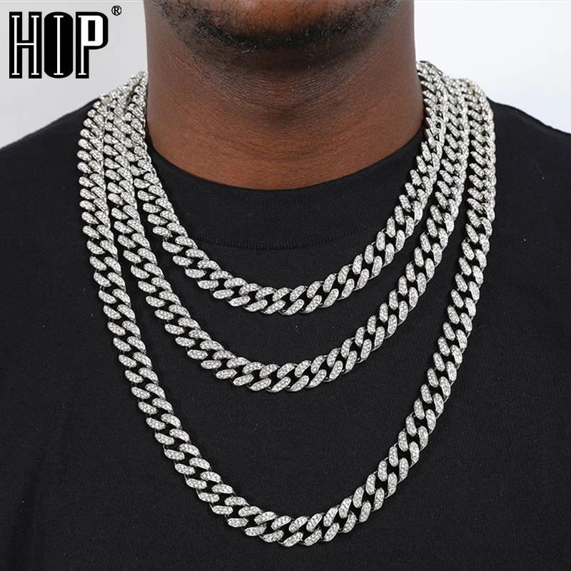 Hip Hop Iced Out Paved Rhinestones 1Set 8MM 13MM Full Miami Curb Cuban Chain CZ Bling Rapper Necklaces For Men Jewelry