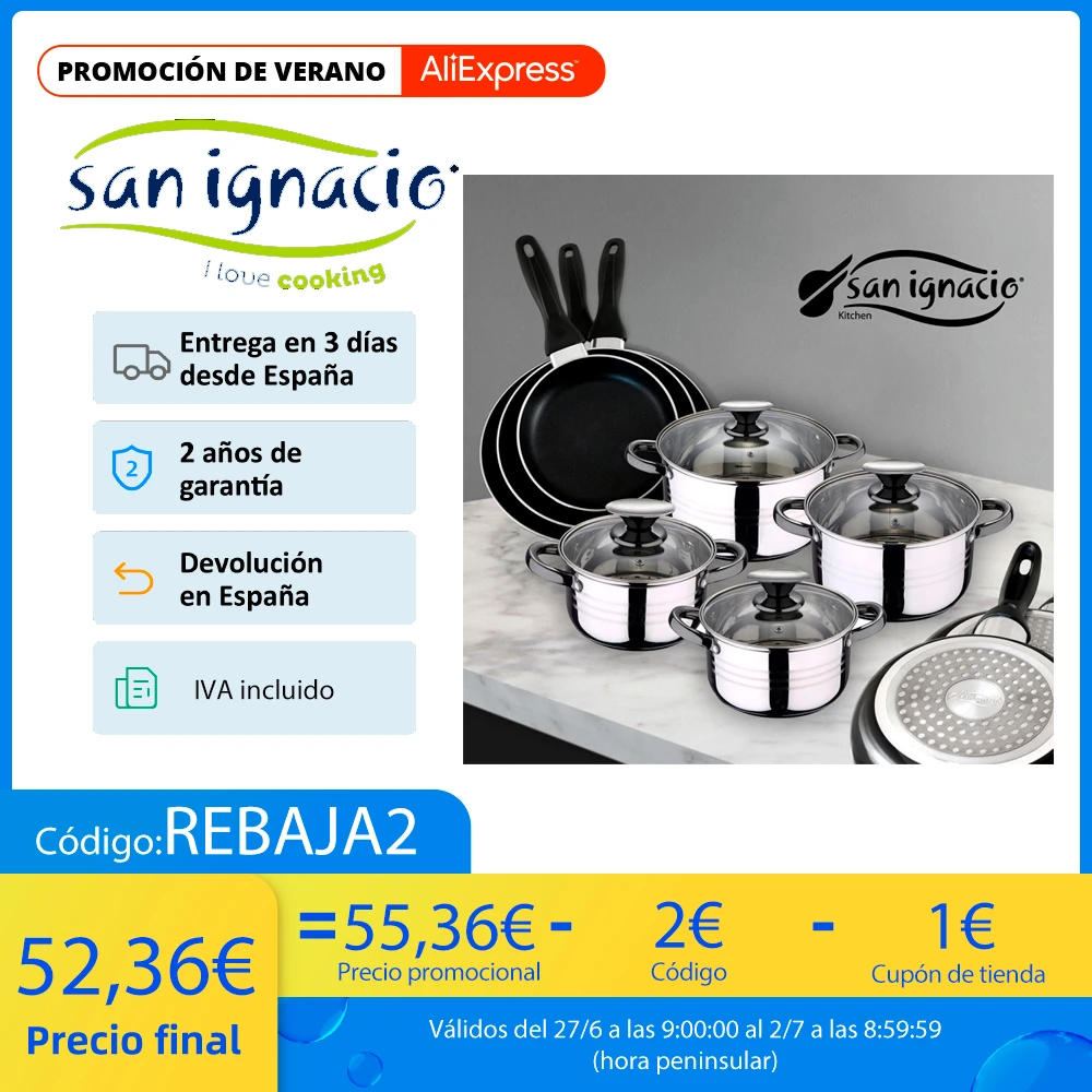 SAN IGNACIO Premium: 8 piece kitchen battery and set of 16,20 and 24 cm pans. Non-stick, suitable for induction.