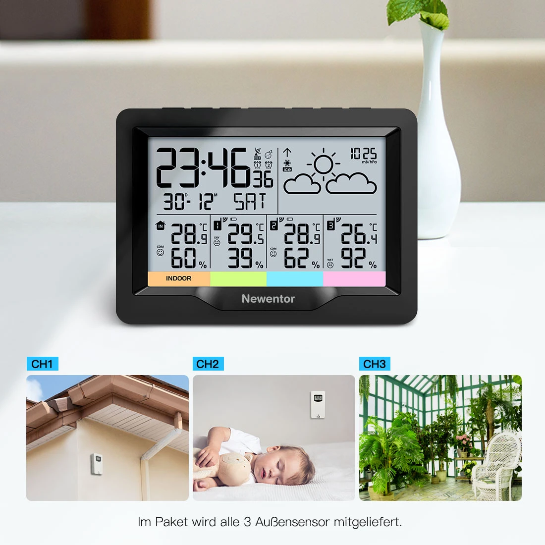 Newentor Weather Station Digital Temperature HumidityThermometer Wireless Hygrometer With 3 Sensor Indoor Outdoor Monitor 7.5