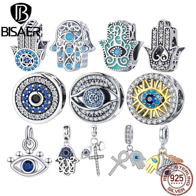 BISAER 925 Sterling Silver Blue Crystals Eyes Round Bead Fatima Hamsa Hand Charms Fit Charm Silver 925 Original Bracelet Jewelry