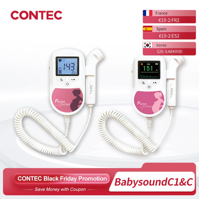 CONTEC Fetal Doppler  Heart Beat Monitor Backlight LCD Pink Colour +Free GeL 2Mhz 3mhz 8Mhz Probe Baby Heart Beat Monitor Probe