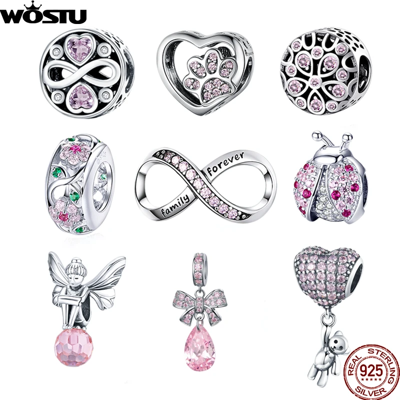 WOSTU Authentic 100% 925 Sterling Silver Pink Zircon Crystal Beads Charm Fit Original Bracelet Pendant Silver 925 Jewelry Making