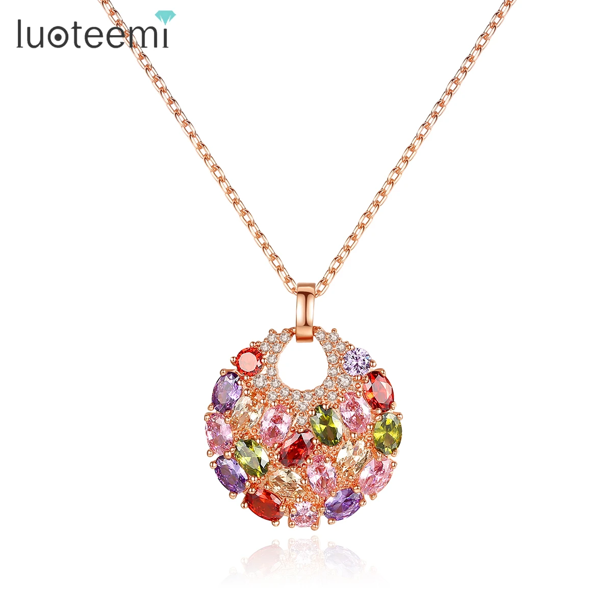 LUOTEEMI Hot Multicolor Crystal Round Necklace & Pendants for Women Rose Gold-Color Multicolor CZ Zircon Pendant Necklace