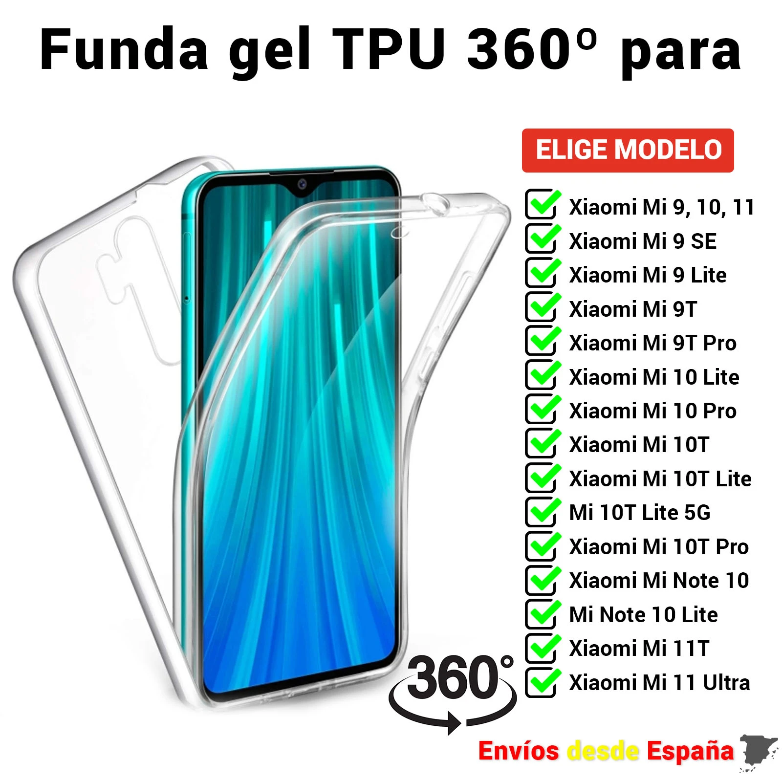 TPU 360 case for Xiaomi Mi 11 10 10T 9T 9 SE Note Lite Pro. Full Housing double face transparent silicone for Mobile