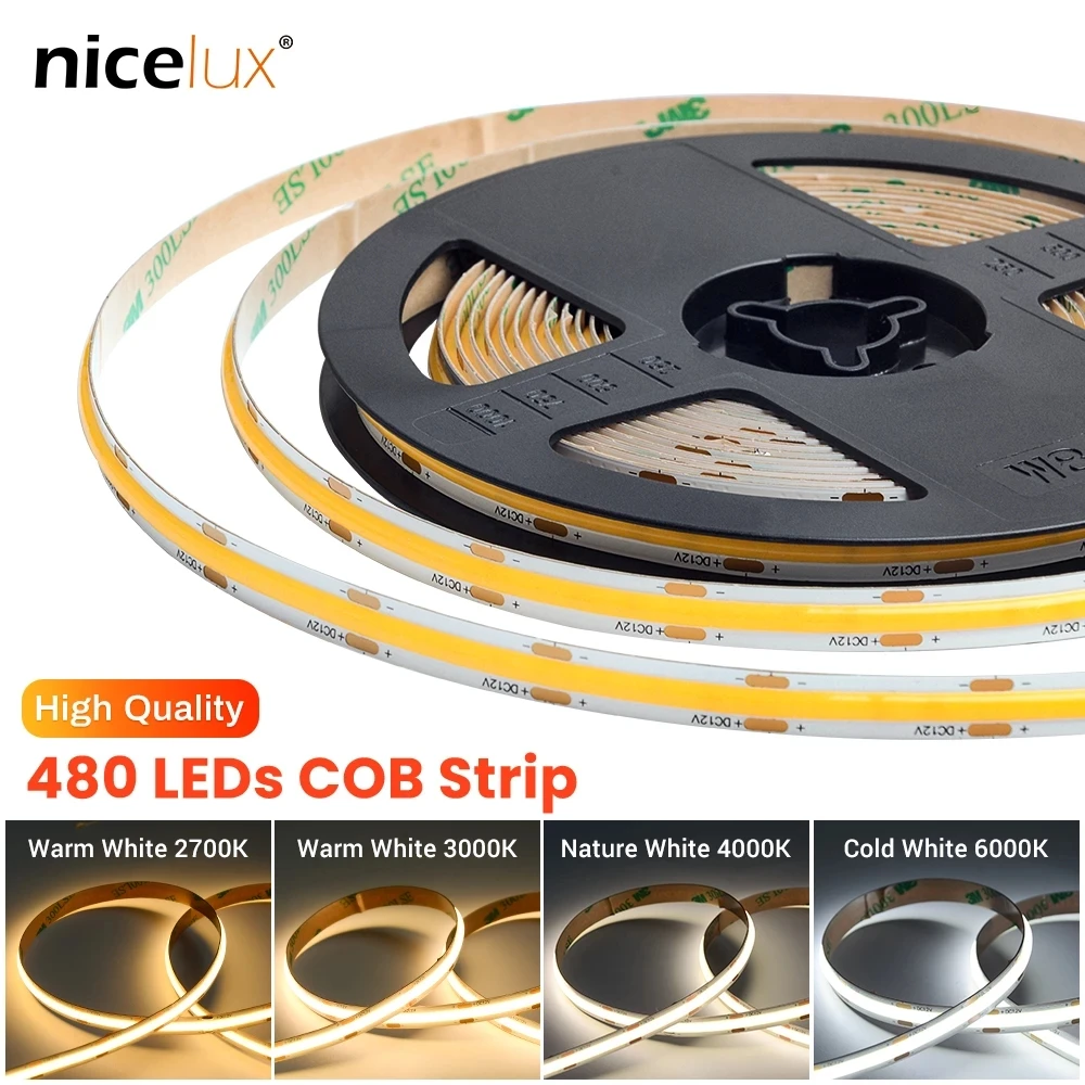 Flexible COB LED Strip Light 12V 24V 8mm 480 Chips/M  High Density Tape Ribbon RA80 2700 3000K 4000K 6000K Linear Dimmable FOB
