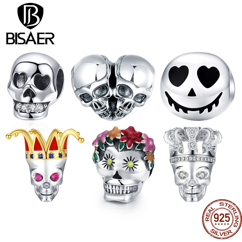 100% 925 Sterling Silver Rock Skull Ghost Face Bead Charms Fit Original BISAER Bracelets Women Jewelry Accessories Berloques