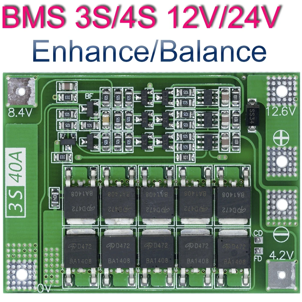 3S/4S Bms Balance 20A 30A 40A 60A 12V/24V Li-ion Lithium Battery Charger Protection Board 18650 BMS Equalizer Enhance/Balance