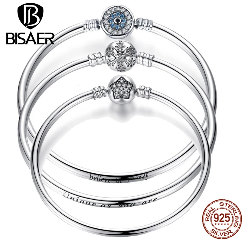 BISAER 925 Sterling Silver Pulseira Snowflake Bangles 925 Heart Snake Chain Clasp femme Silver bracelet for Women Jewelry