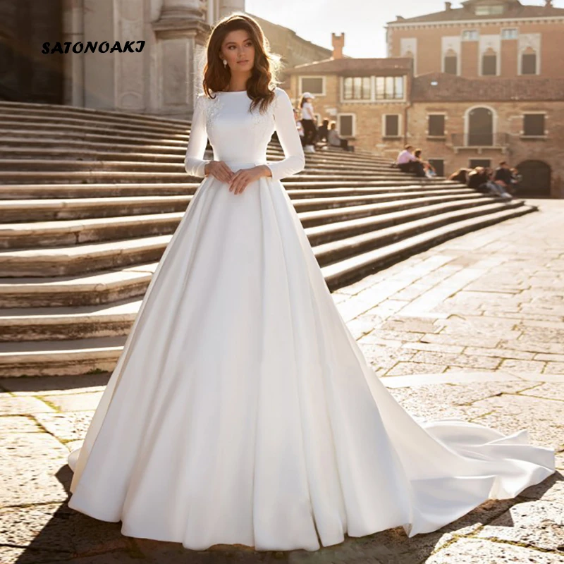 Vestidos De Novia Simple Elegant White Satin Long Sleeve Wedding Dress 2021for Women Princesa Bride Gown Robe De Mariée Sukienka