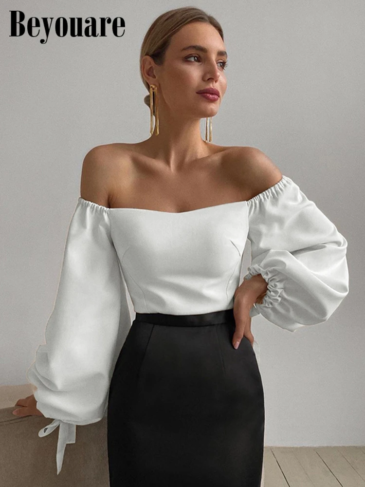 Beyouare Elegant Women's T Shirt Sexy Slash Neck Lantern Sleeve Bandage Solid White Tops 2020 Autumn Casual Slim Office Lady Tee