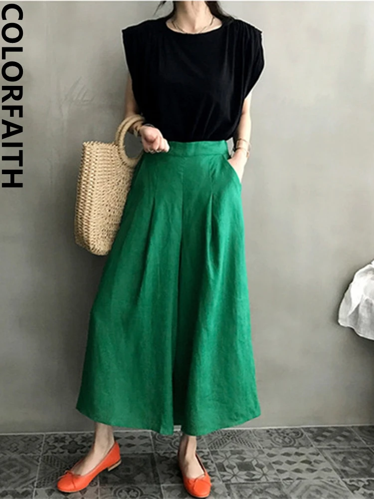 Colorfaith New 2020 Women Summer Trousers Pantskirt High Elastic Waist Casual Cotton and Linen Wide Leg Ankle-Length Pants P6673