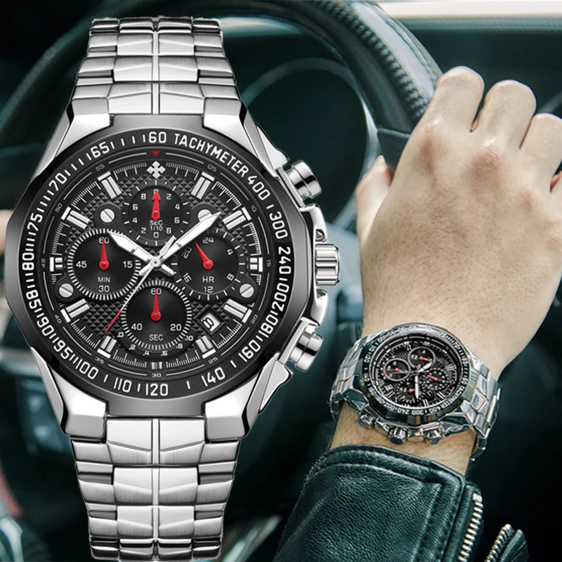 Sports Watches For Men Fashion Quartz Men Big Clock WWOOR Top Brand Luxury Military Full Steel Waterproof Chronograph Wristwatch