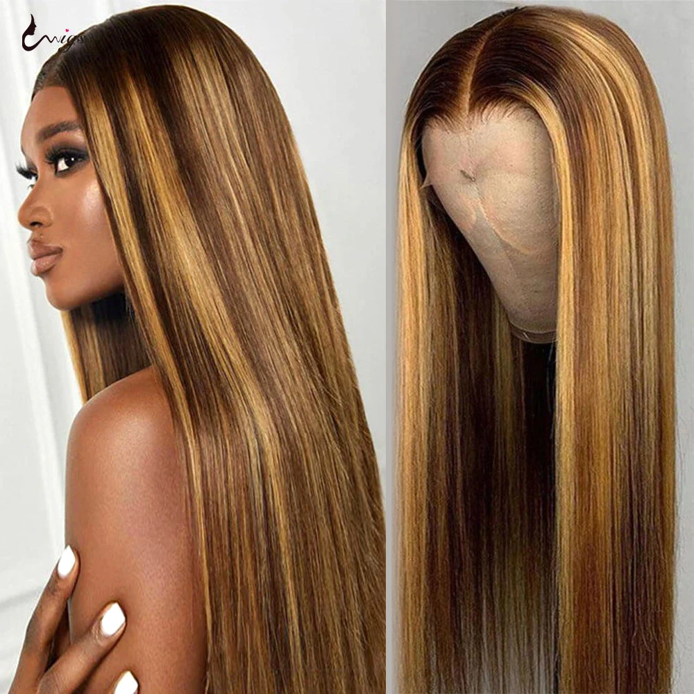 Uwigs 28 30inch #4/27 Highlight Colored Human Hair Wigs 13x4 Ombre Bone Straight Lace Front Wig Human Hair Wigs For Black Women