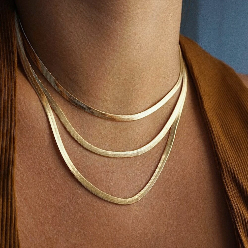 Tarnish Free Stainless Steel 18K Gold Plated Short Herringbone Chain Choker Necklaces For Women Minimalist Gold Chain Necklace