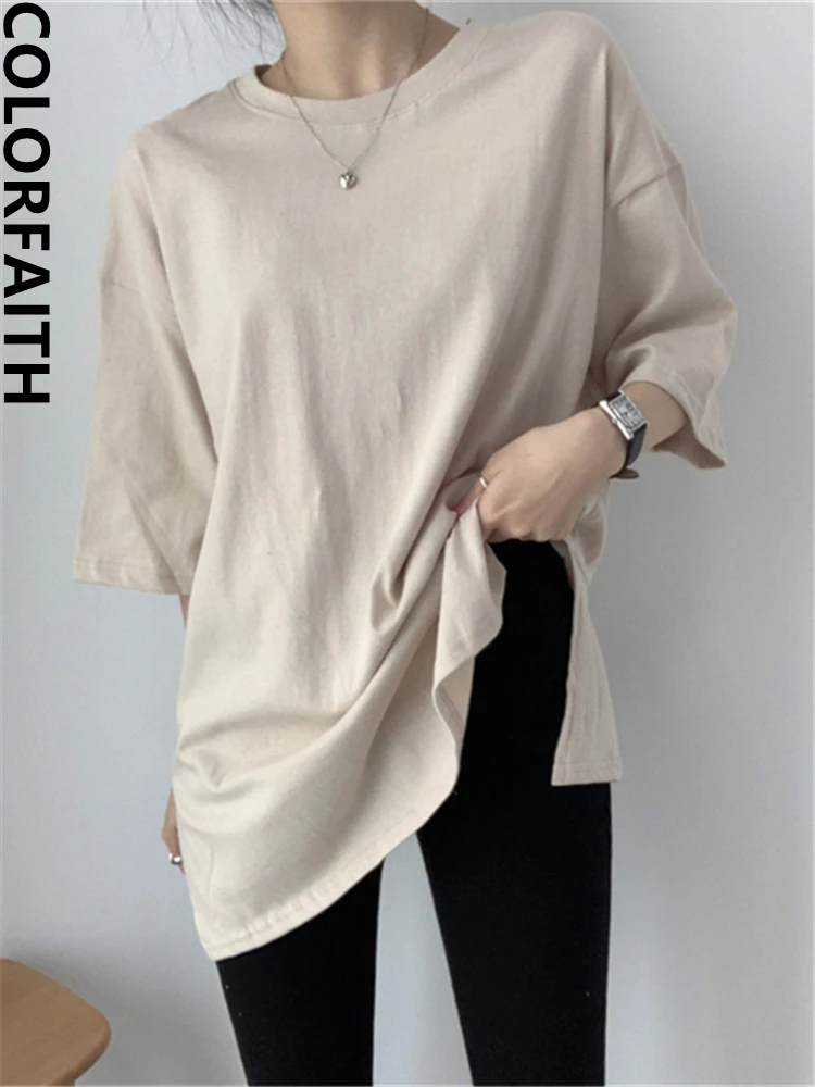 Colorfaith New 2021 Women Spring Summer T-shirts Solid Oversized Bottoming Half Sleeve Wild Minimalist Split Midi Tops T1201