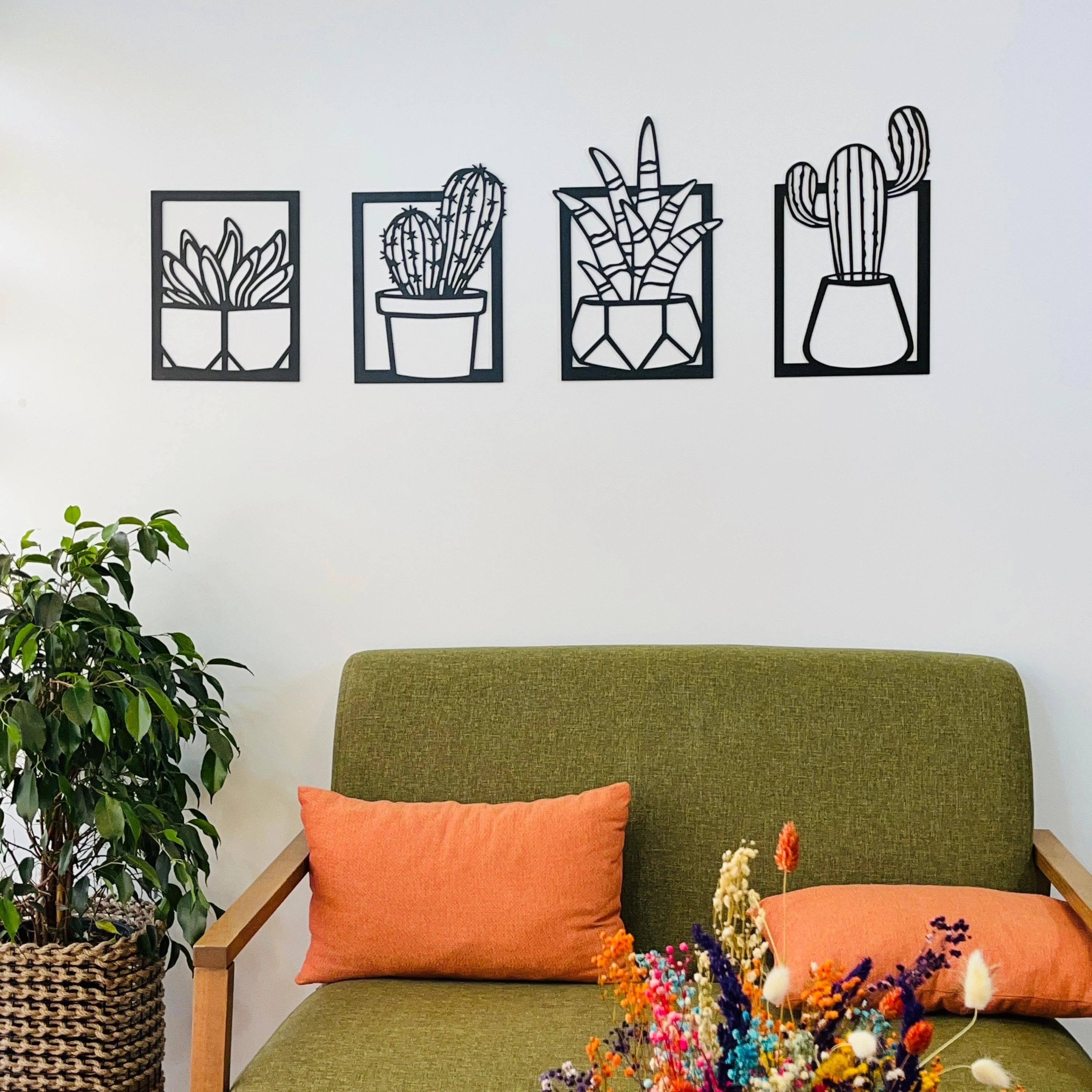 Wooden Wall Art Decor Cactus Flower Vase Black Color Modern Nature Desert Home Office New 3D Creative Stylish Living Room Bedroom Kitchen Decorative 2021 Quality Gift Ideas Ornament Painting Classic Beautiful Cute