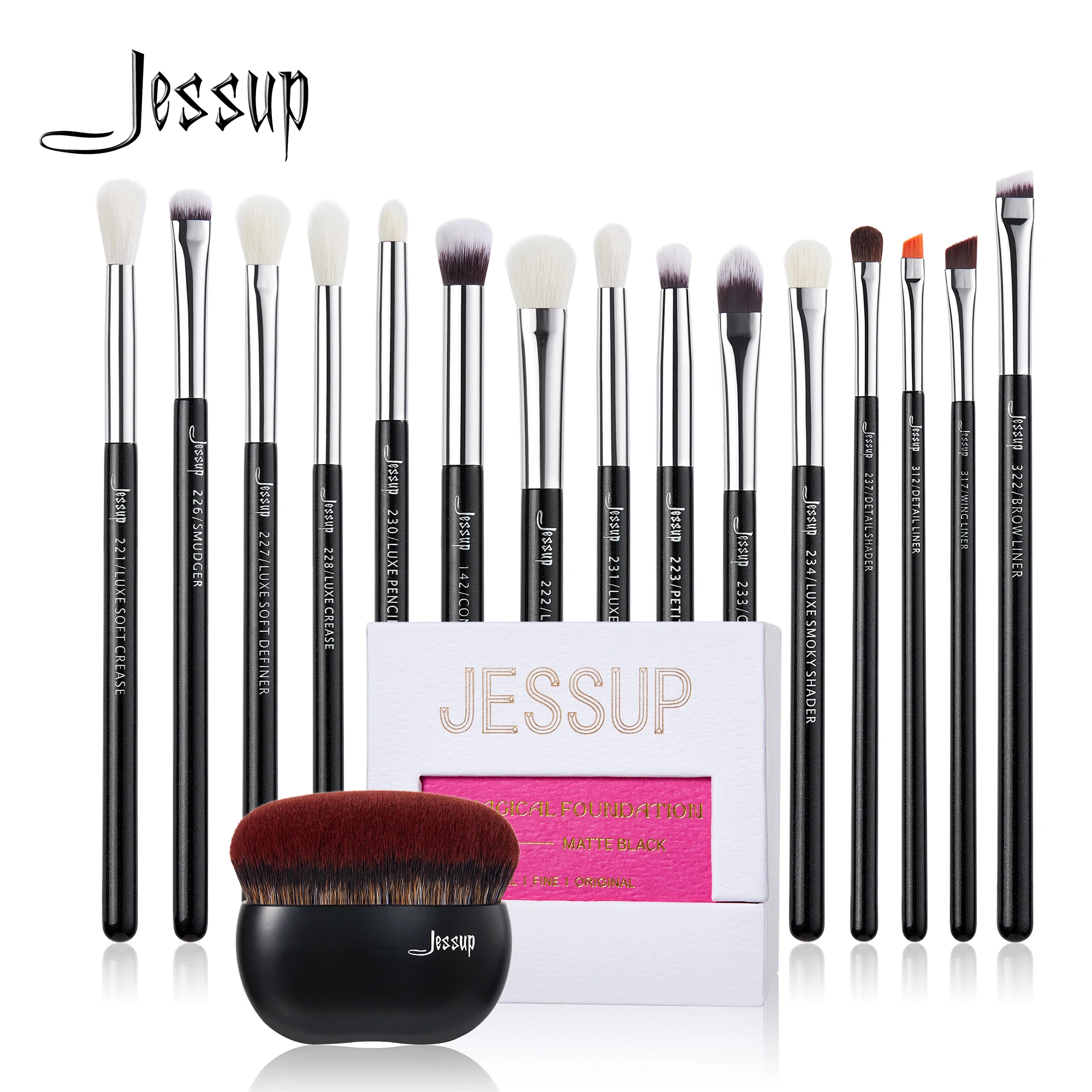 Jessup Makeup Brushes Set Eyeshadow Eye Blending Brow Liner Concealer Brush 15pcs Black/Silver Shader Synthetic Goat Hair