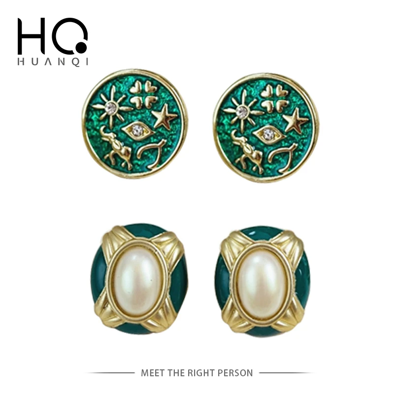 HUANZHI 2021 New S925 Vintage Enamel Green Baroque Pearl Flower Geometric Round Oval Stud Earring Exquisite Jewelry for Women
