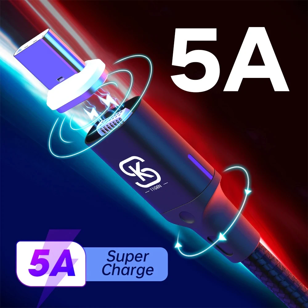 SIKAI 11th Gen 5A LED Magnetic Cable Micro USB Type C Cable For iPhone Samsung Huawei xiaomi oneplus 6 Magnet Fast Charging