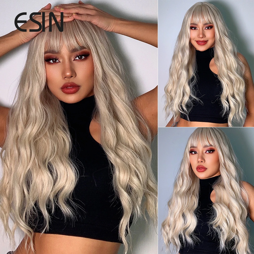 ESIN Light Blonde Ombre to Platinum Long body Wave Hair Wigs with Bangs for Women Cosplay Natural Heat Resistant Synthetic