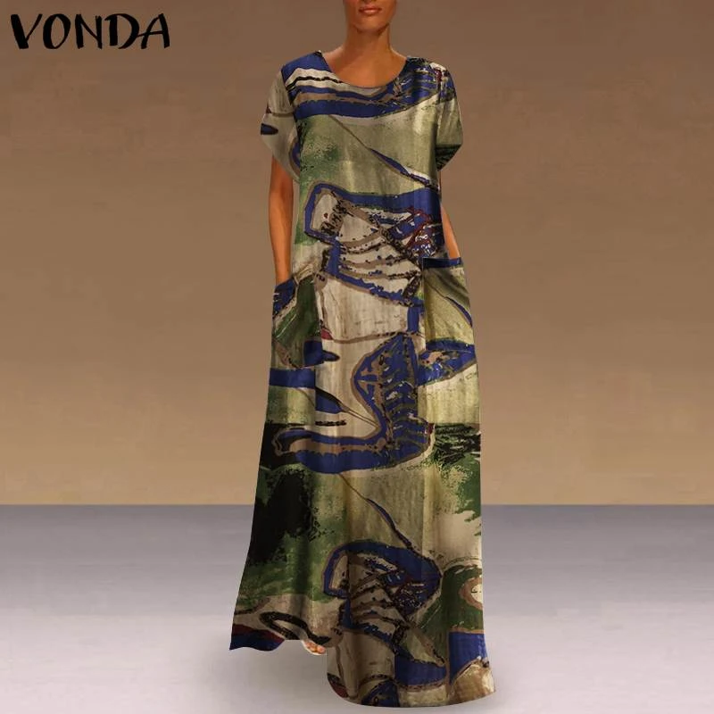 Women Short Sleeve Dress 2021 VONDA Female Casual Cotton Vintage Printed Dress Bohemian Summer Beach Sundress