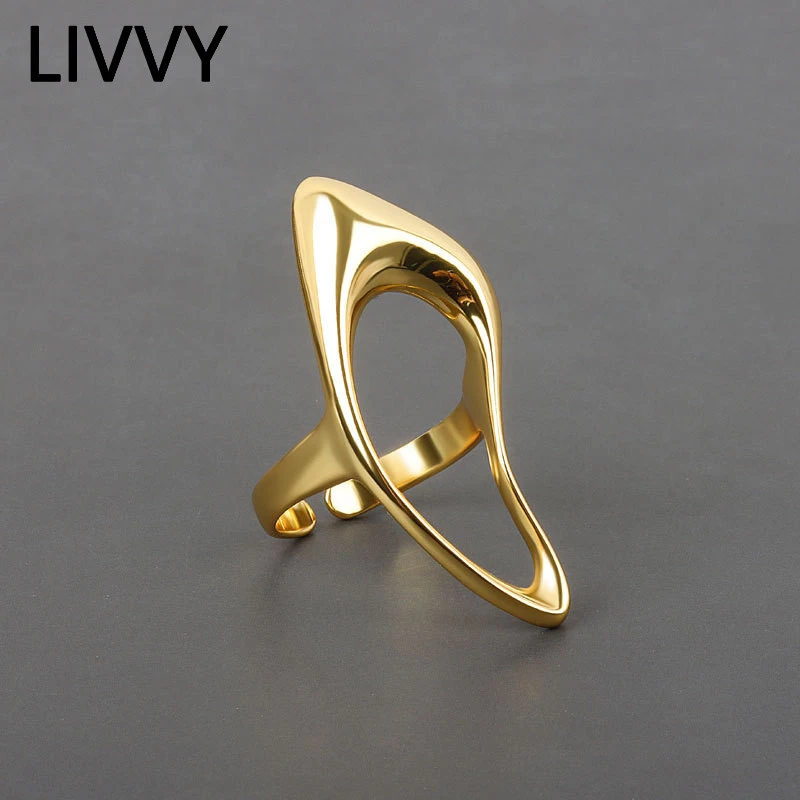 LIVVY Silver Color Geometric Hollow Ring Female Fashion Smooth Exaggerated Exquisite Elegant Jewelry Accessories Gift