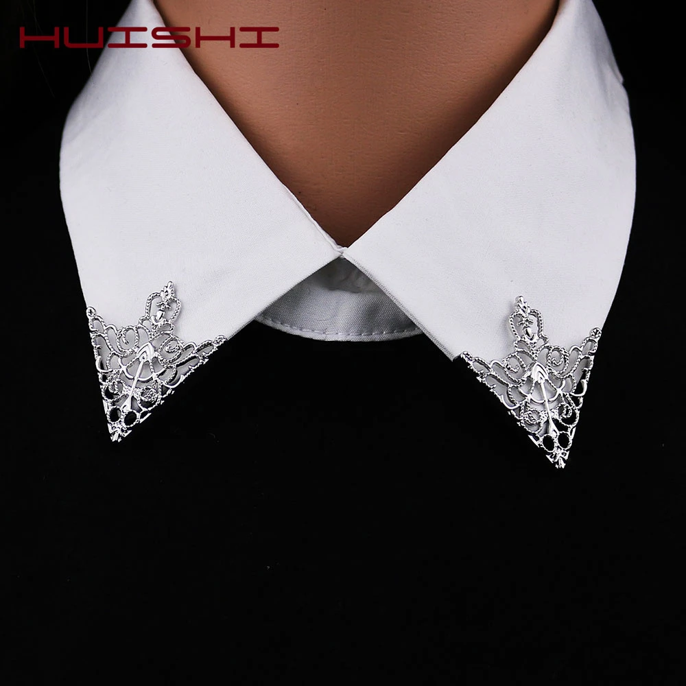 HUISHI Brooches For Men Vintage Fashion Triangle Shirt Collar Pin Hollowed Out Crown Leaf Badge Wedding Banquet Fashion Jewelry