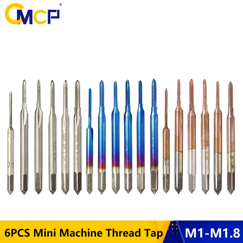 CMCP 6pcs M1 M1.2 M1.4 M1.6 M1.7 M1.8 Mini Machine Thread Tap HSS 6542 Metric Screw Tap Drill Bit Straight Flute Plug Tap