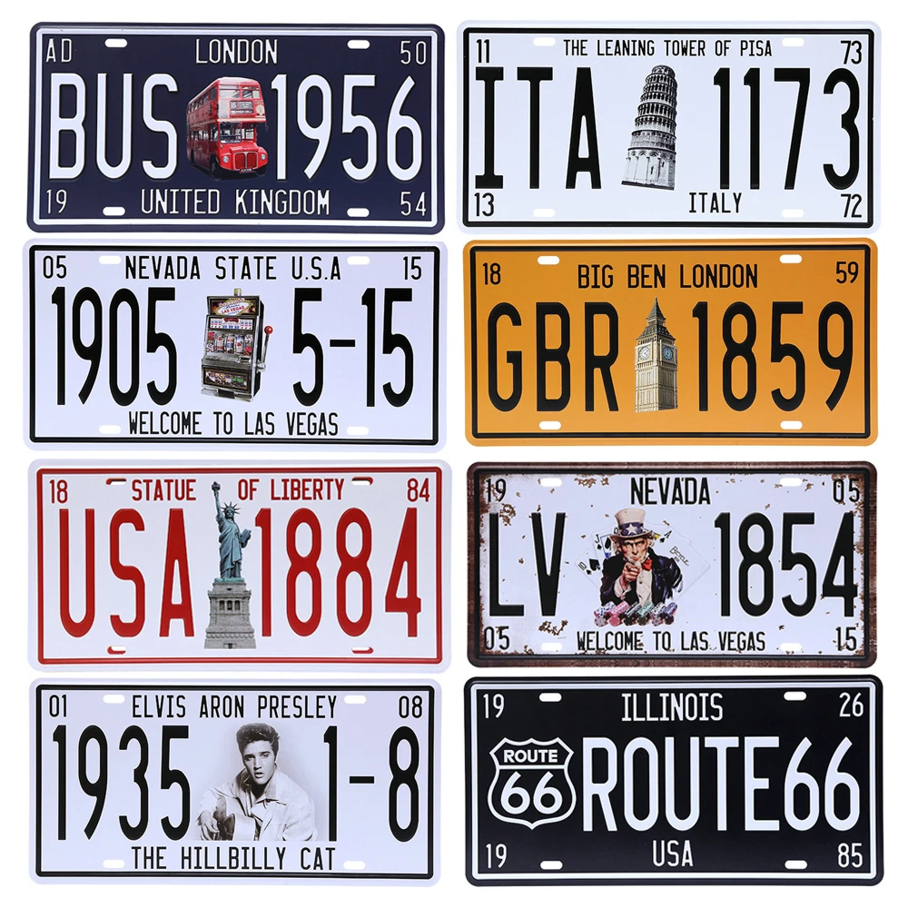 Vintage Poster Route 66 Car Number License Plate Plaque Poster Metal Tin Signs Bar Club Wall Garage Home Decoration 15*30cm