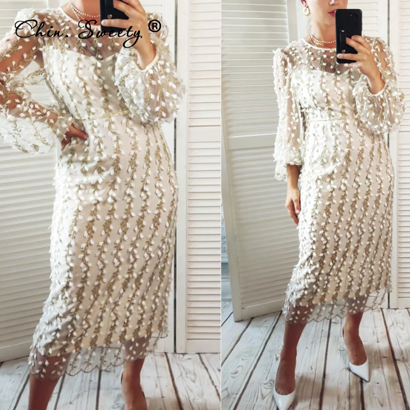 Embroidery Print Floral Mesh Women's Dress Long Sleeve O-neck Zipper Midi Dresses Female 2021 Summer Elegant Party Lady Vestidos