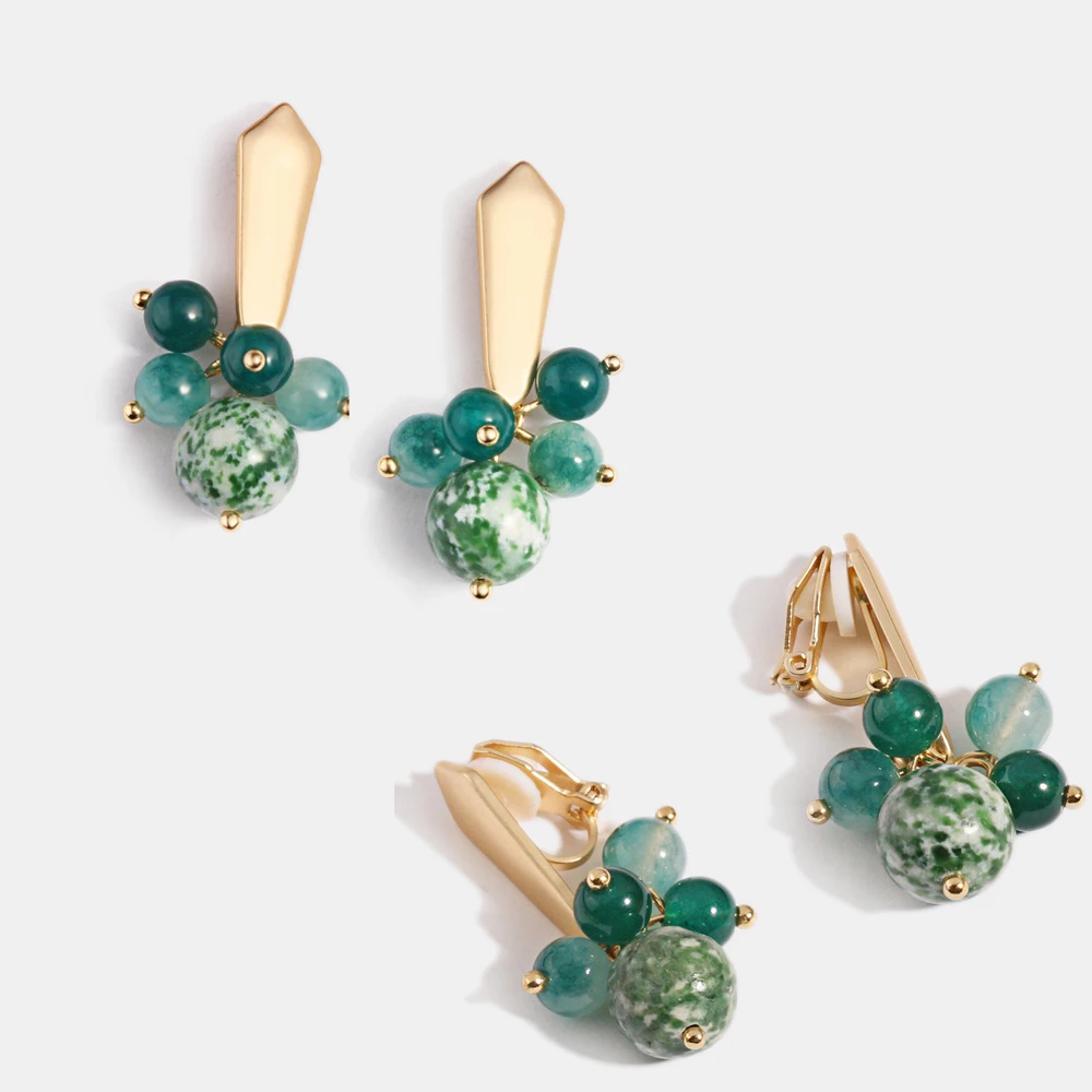 Elegant Green Natural Stone String Beads Gold Minimlist Clip on Earrings Without Pierced for Women Girl Ear Clips Gift Wholesale