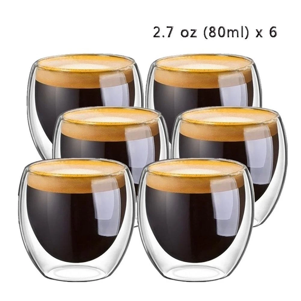 6Pcs 80ml 2.7oz Glass Double Walled Heat Insulated Tumbler Espresso Tea Cup