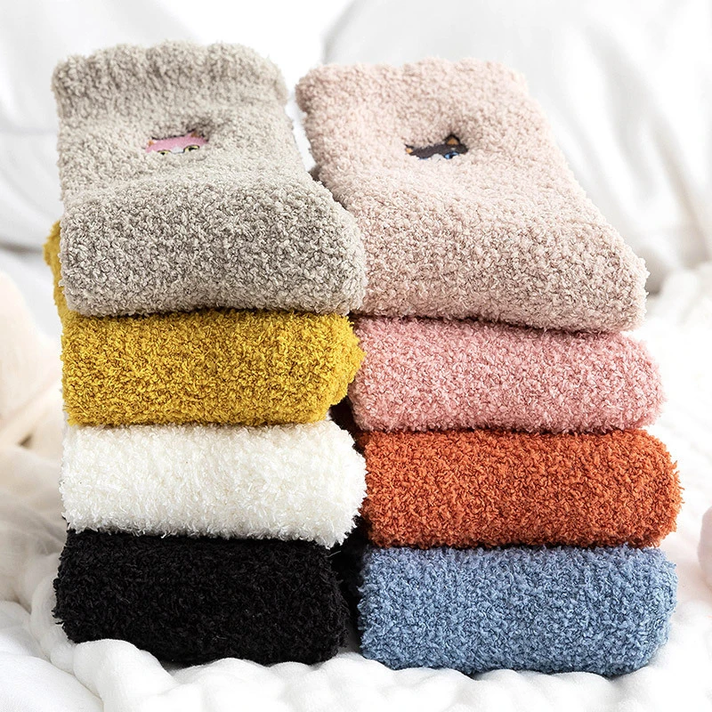 Thick Socks for Winter Women's  Coral Fleece Japanese Socks Fleece Socks Embroidery Squirrel Middle Tube Warm Towel Floor Socks