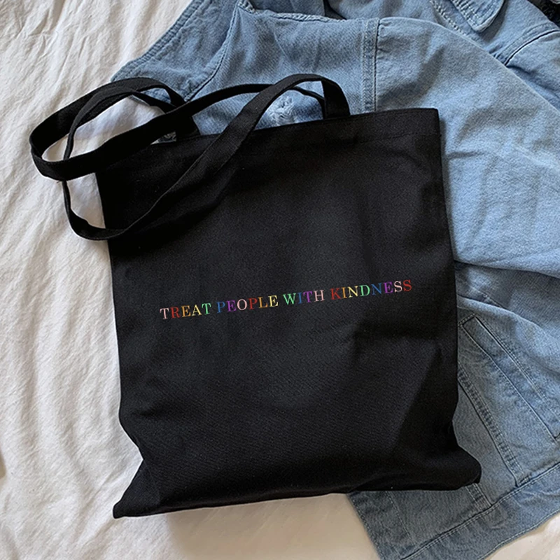 Treat people with kindness letter Casual Fashion Canvas Big Capacity Harajuku WomenNew Fun Vintage Shoulder Bag