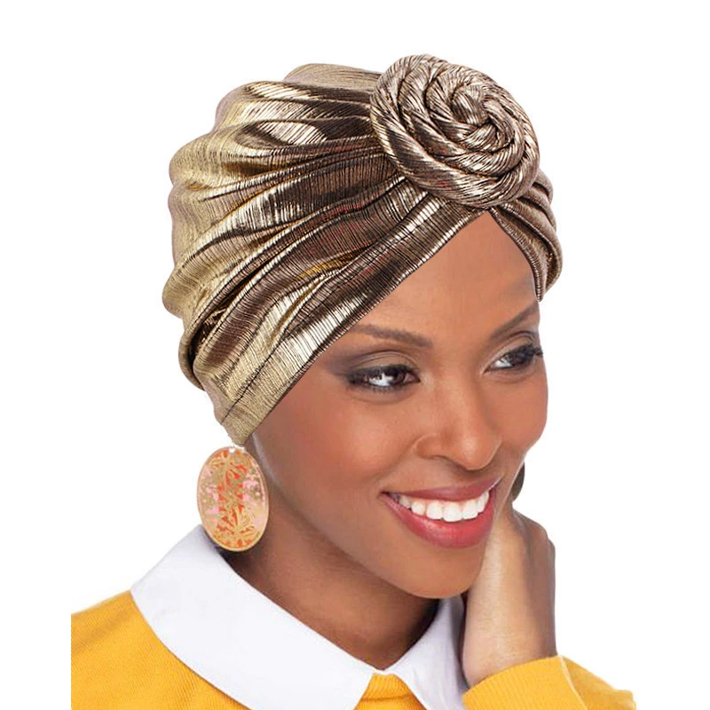 2021 Fashion Ladies Metallic Elastic Turban Vintage Shiny Hijabs Head Wrap Beanie Hat Muslim Bandana Headwear Hair Accessories