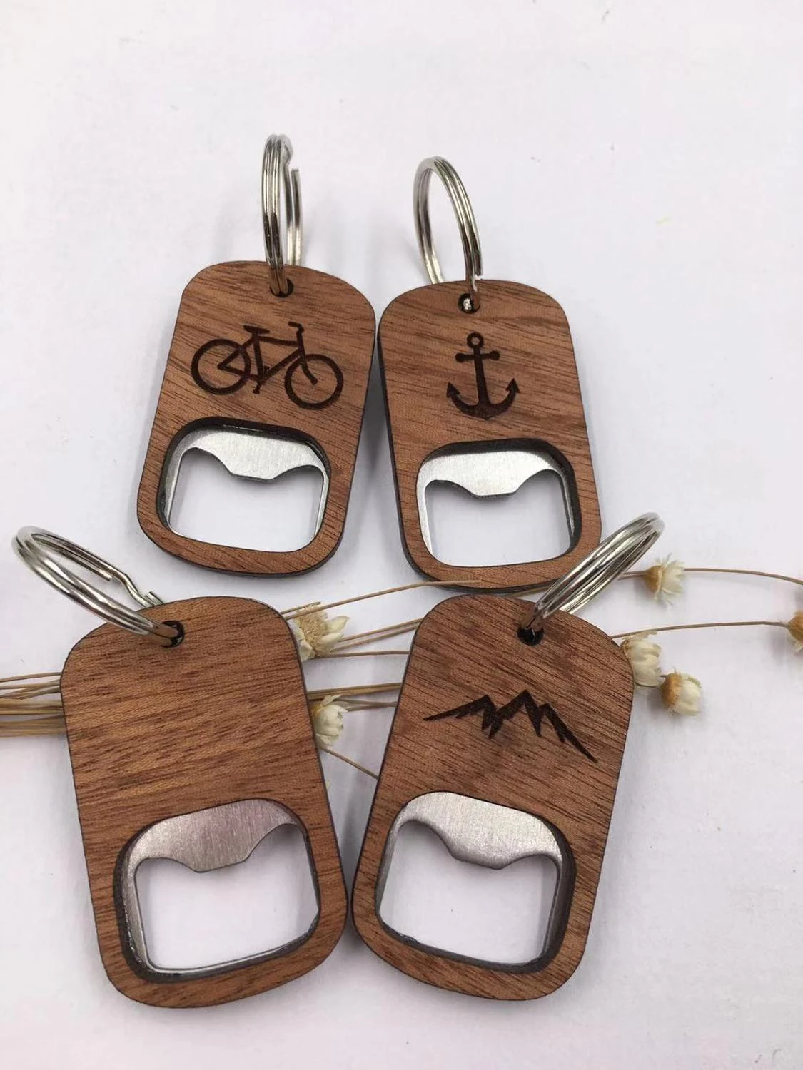 Wooden Openers Key Chain Mountain Deer Bike Anchor Bottle Opener Keychain Wood Gifts Beer Accessories