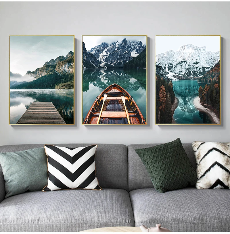 Nordic Painting Decorative Picture Modern Home Decorati Scandinavian Nature Landscape Wall Art Poster Mountain Lake Boat Print