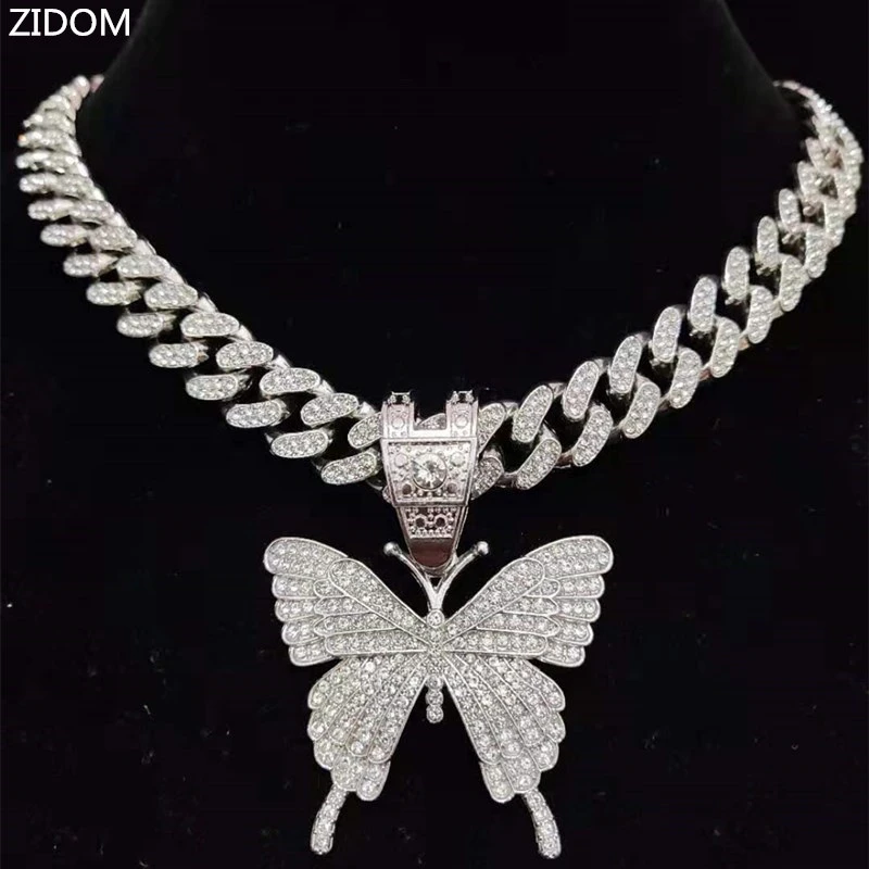 Men Women Hip Hop Iced Out Bling butterfly Pendant Necklace with 13mm Miami Cuban Chain HipHop Necklaces Fashion Charm Jewelry