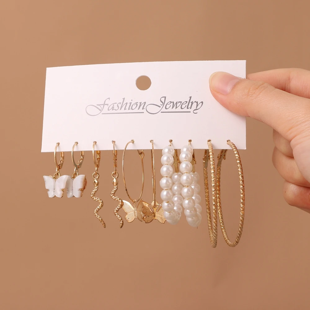 VKME Korean Butterfly Snake Dangle Earrings Set For Women Gold Pearl Hoop Earings Girls Women's Earring 2021 trend Jewelry Gift