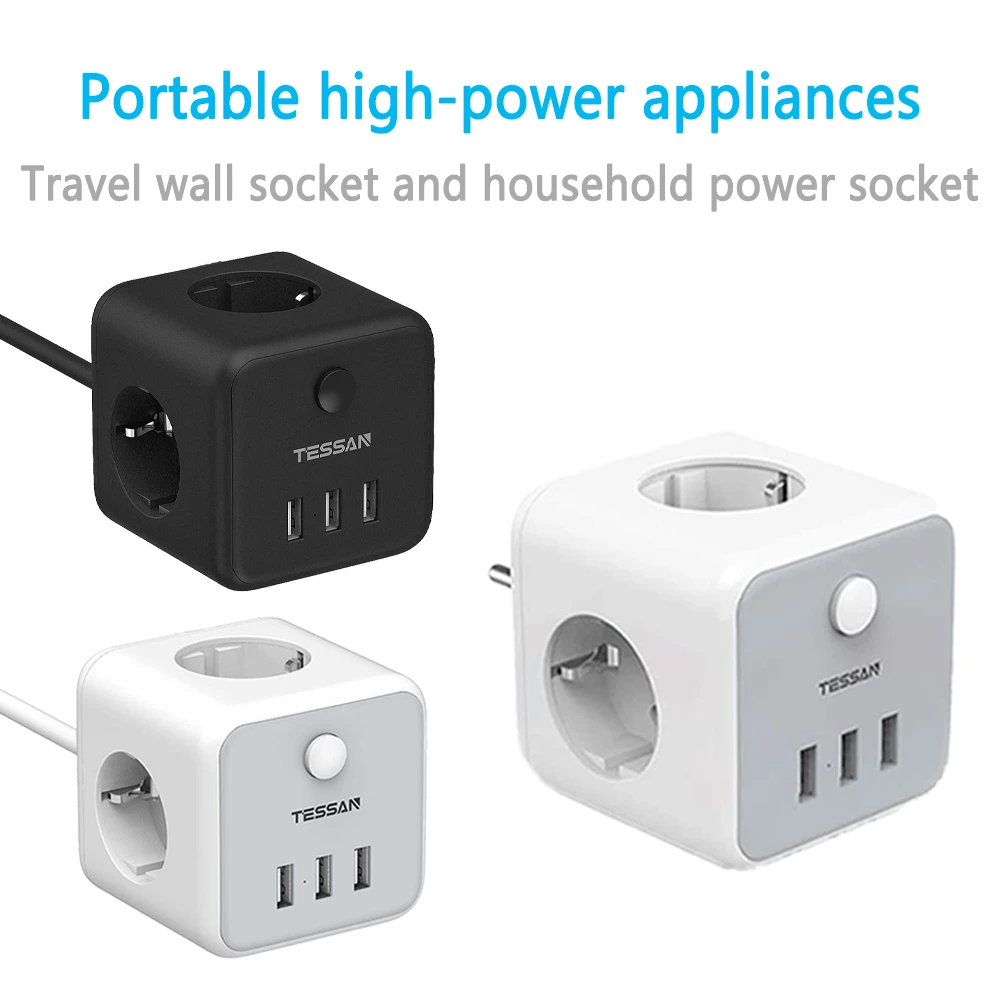 TESSAN EU Plug Power Strip Travel Adapter with 3 EU Outlets 3 USB Ports On/Off Swtich Wall Socket