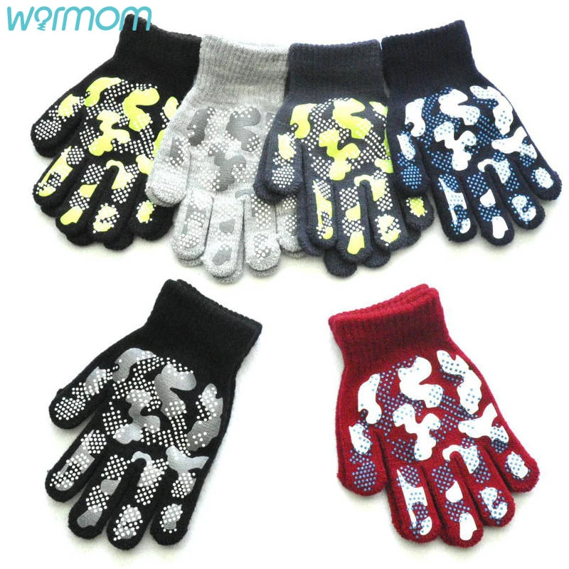 Warmom Children's Winter Warm Knitted Gloves Kid Gloves Boy Girl Outdoor Sports Non-slip Camouflage PVC Offset Gloves for 5-11Y