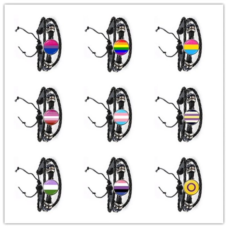 LGBT Leather Bracelet Bi Pride 20mm Glass Cabochon Gay Pride Rainbow Flag Photo Bangle Jewelry For Women Men Lovers Gift