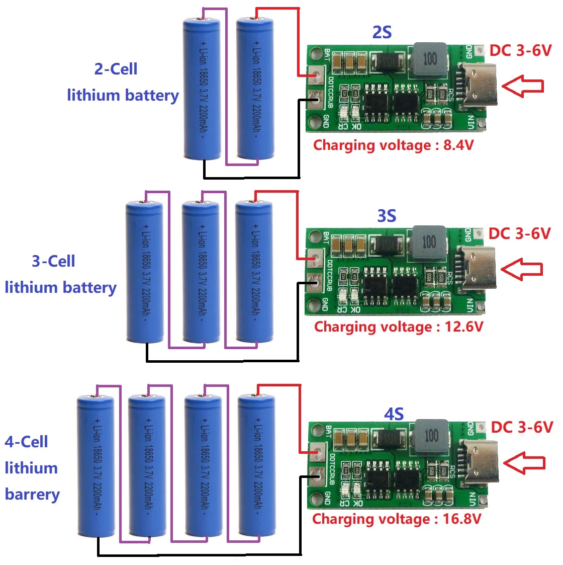 1-4A Multi-cell Type-c Step-up Boost Li-po Polymer Li-ion Charger DC 3-6V to 8.4V 12.6V 16.8V for 7.4V 11.1V 14.8V 18650