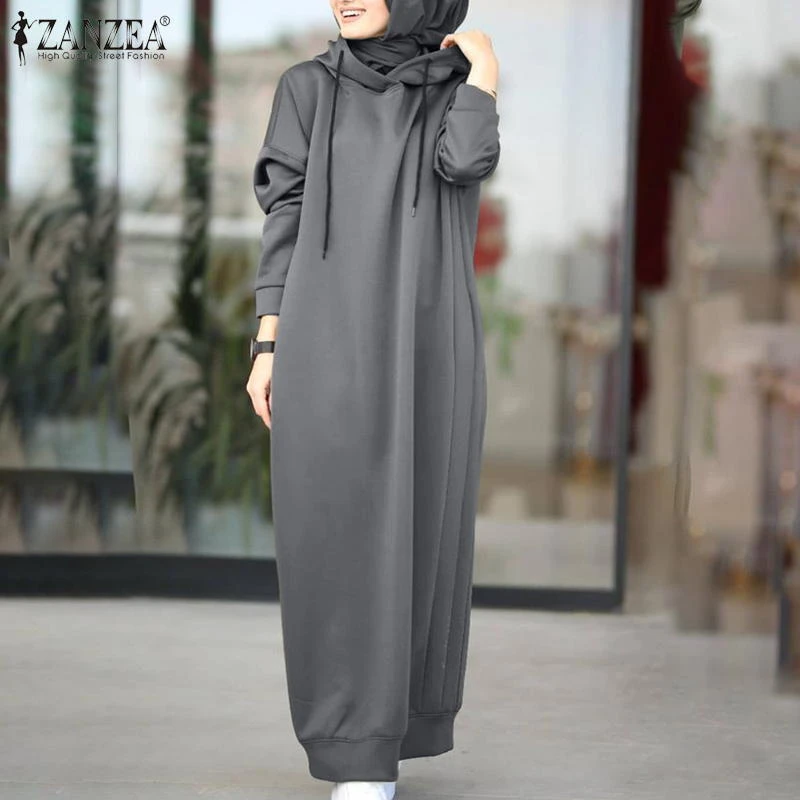 Women Winter Pullovers ZANZEA 2021 Stylish Hooded Hoodies Dress Casual Long Sleeve Maxi Vestidos Female Drawstring Robe Femme